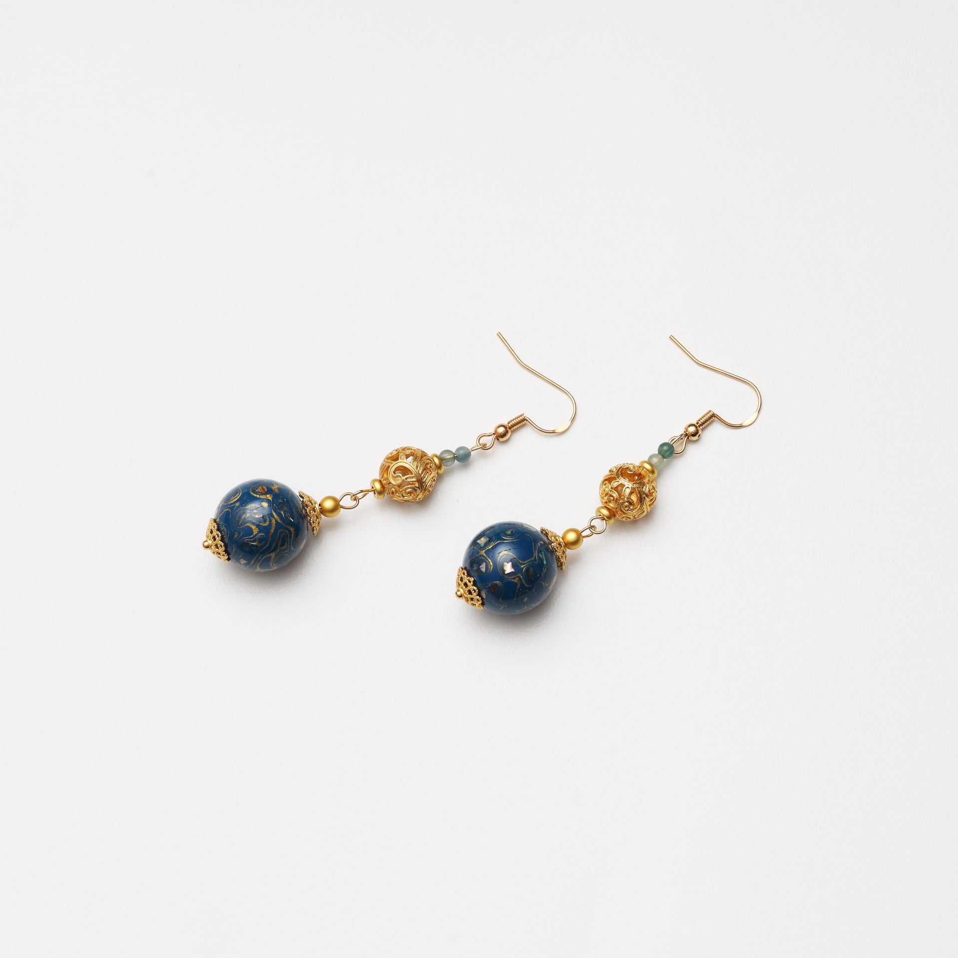 Blue Gold Tone Lacquer Round Bead & Blue Tourmaline Cloud Pattern Spacer Earrings
