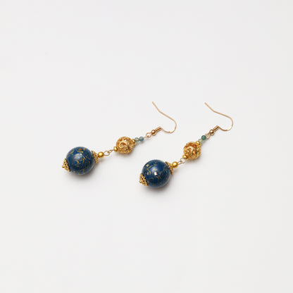 Blue Gold Tone Lacquer Round Bead & Blue Tourmaline Cloud Pattern Spacer Earrings
