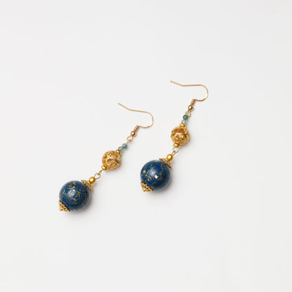 Blue Gold Tone Lacquer Round Bead & Blue Tourmaline Cloud Pattern Spacer Earrings
