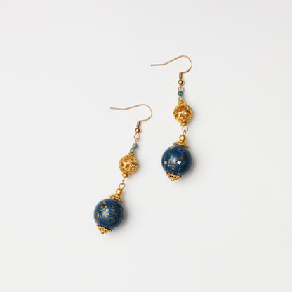Blue Gold Tone Lacquer Round Bead & Blue Tourmaline Cloud Pattern Spacer Earrings
