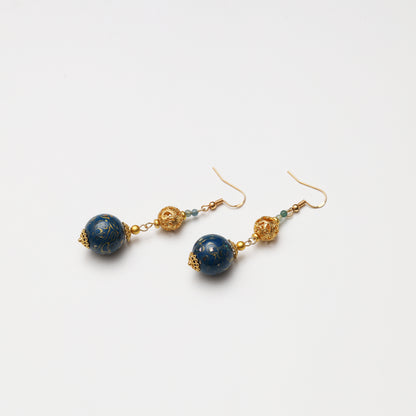 Blue Gold Tone Lacquer Round Bead & Blue Tourmaline Cloud Pattern Spacer Earrings