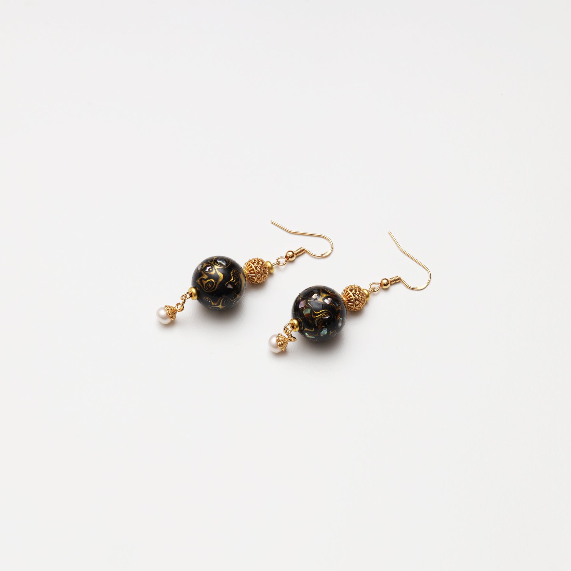 Black Gold Tone Lacquer Round Bead & Natural Pearl Lucky Spacer Earrings