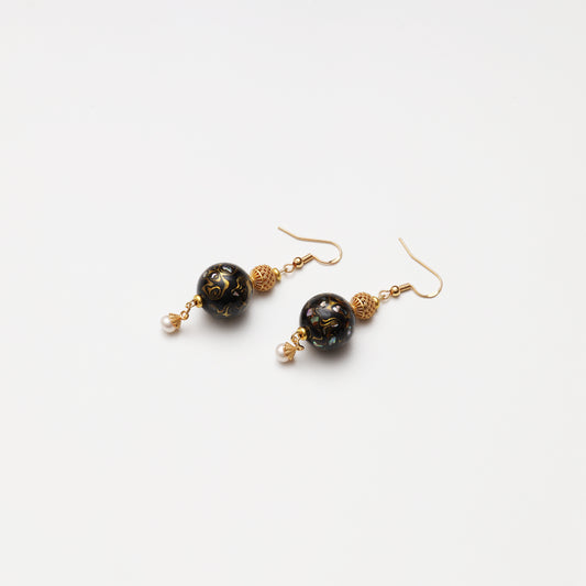 Black Gold Tone Lacquer Round Bead & Natural Pearl Lucky Spacer Earrings