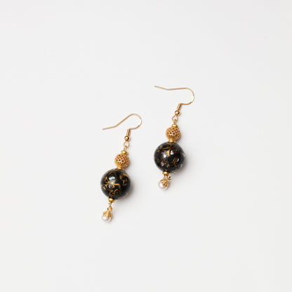 Black Gold Tone Lacquer Round Bead & Natural Pearl Lucky Spacer Earrings