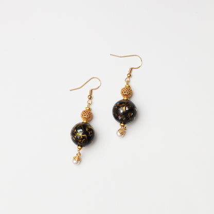 Black Gold Tone Lacquer Round Bead & Natural Pearl Lucky Spacer Earrings