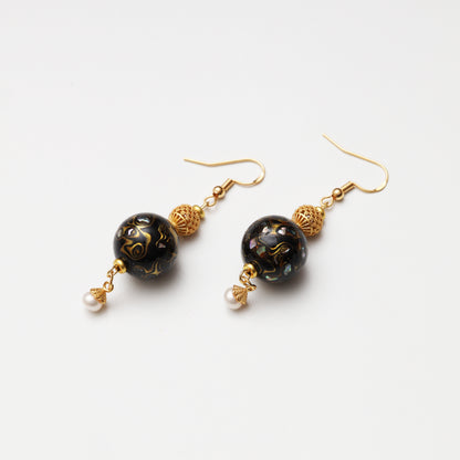 Black Gold Tone Lacquer Round Bead & Natural Pearl Lucky Spacer Earrings