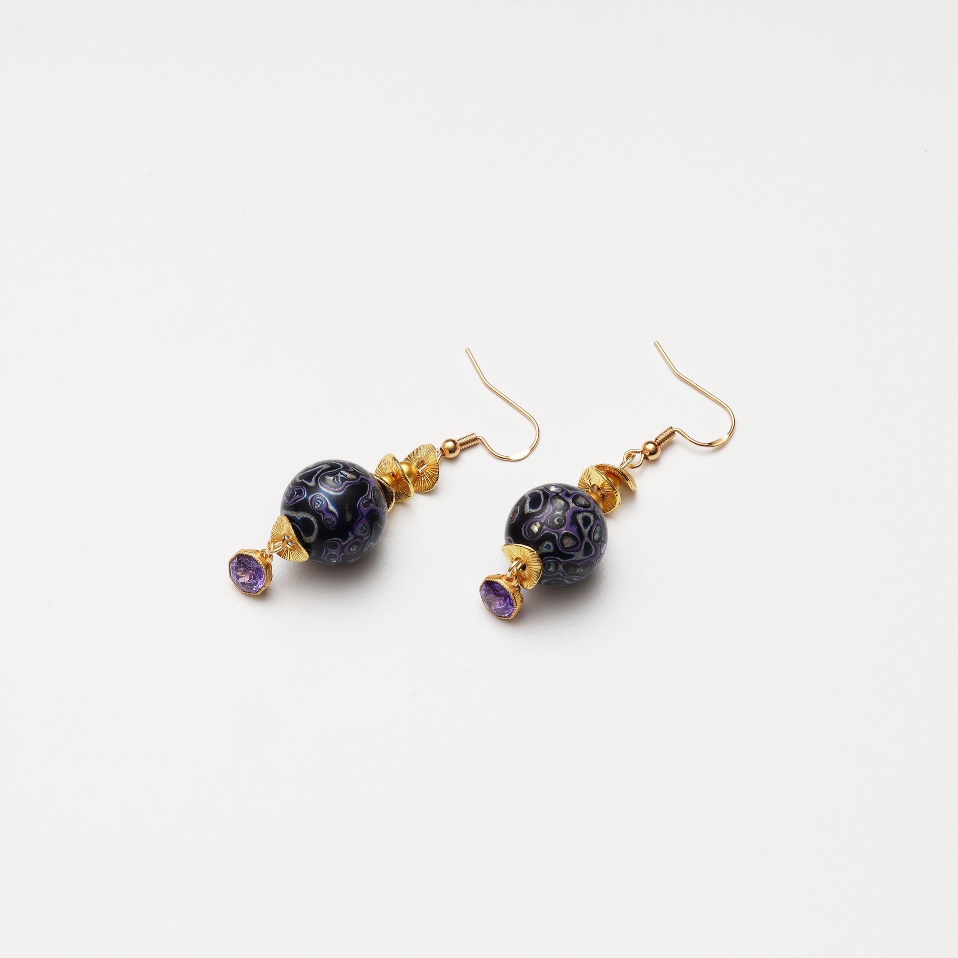S925 Silver Amethyst & Black Purple Lacquer Round Bead Earrings