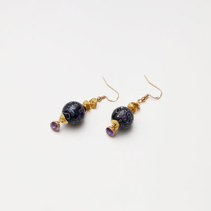 S925 Silver Amethyst & Black Purple Lacquer Round Bead Earrings