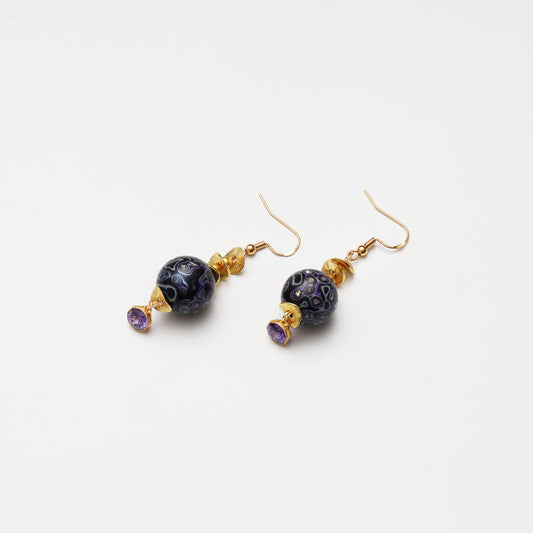 S925 Silver Amethyst & Black Purple Lacquer Round Bead Earrings