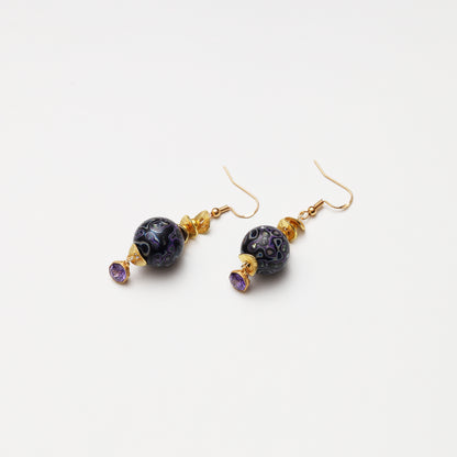 S925 Silver Amethyst & Black Purple Lacquer Round Bead Earrings