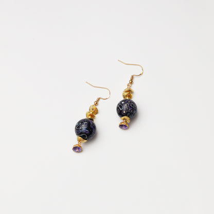 S925 Silver Amethyst & Black Purple Lacquer Round Bead Earrings