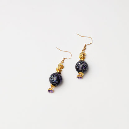 S925 Silver Amethyst & Black Purple Lacquer Round Bead Earrings