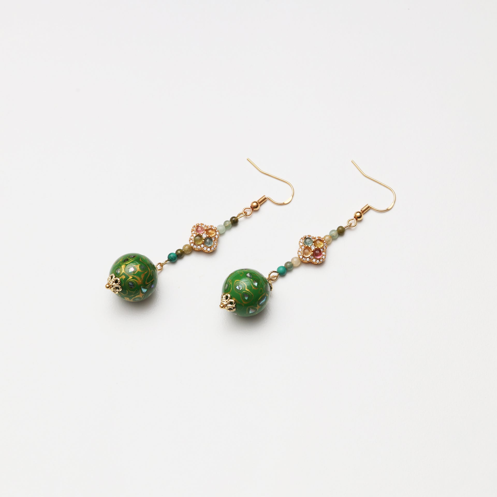 S925 Silver Tourmaline & Grass Green Lacquer Round Bead Earrings