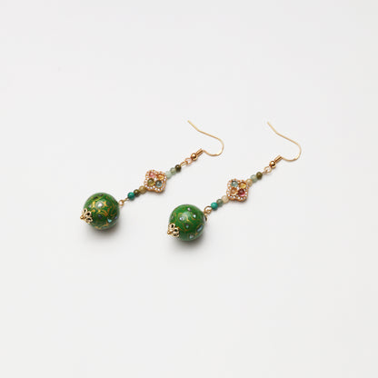 S925 Silver Tourmaline & Grass Green Lacquer Round Bead Earrings