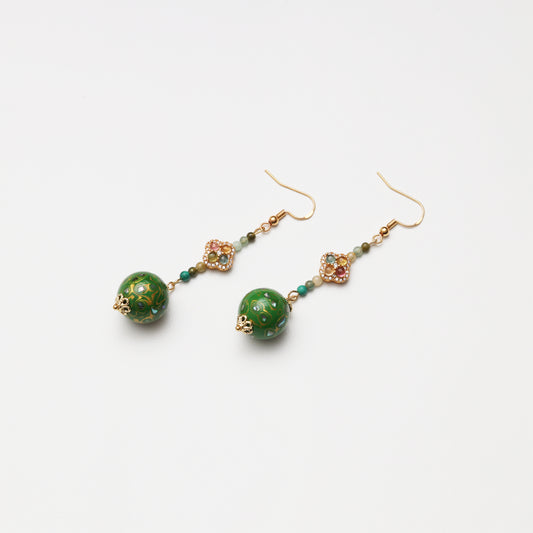 S925 Silver Tourmaline & Grass Green Lacquer Round Bead Earrings