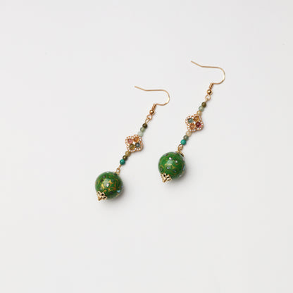 S925 Silver Tourmaline & Grass Green Lacquer Round Bead Earrings