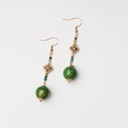 S925 Silver Tourmaline & Grass Green Lacquer Round Bead Earrings