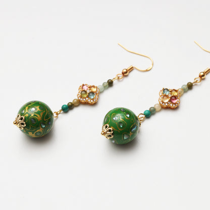 S925 Silver Tourmaline & Grass Green Lacquer Round Bead Earrings