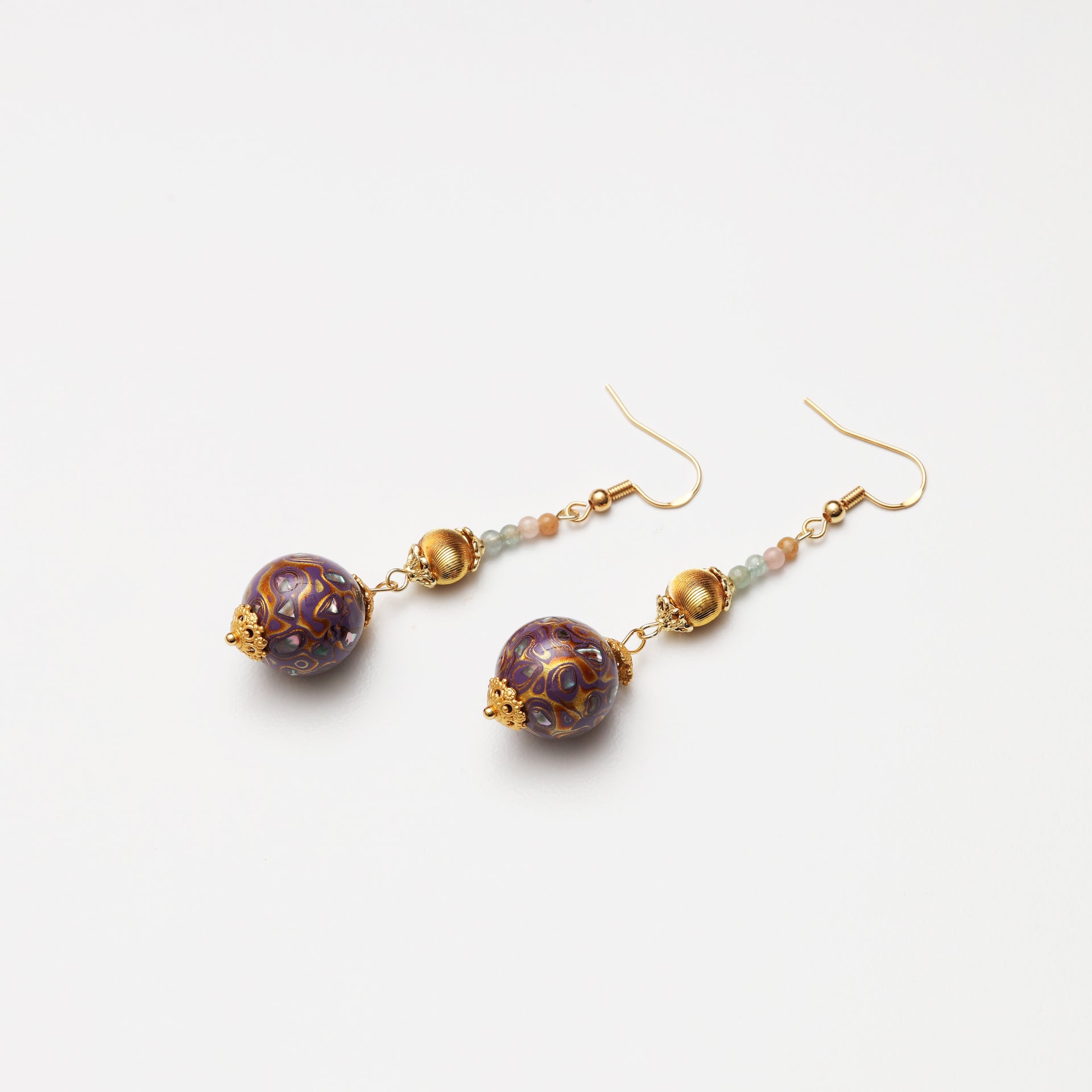 Lavender Purple Lacquer Round Bead & Cat's Eye Tourmaline Earrings