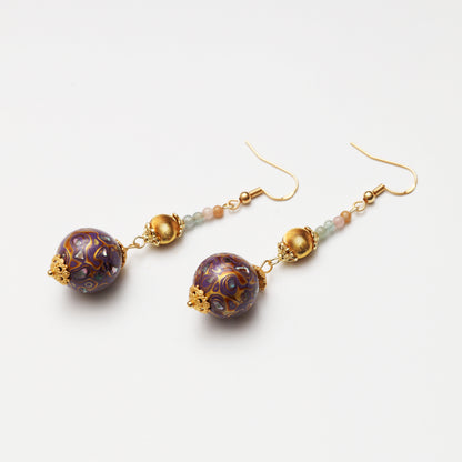 Lavender Purple Lacquer Round Bead & Cat's Eye Tourmaline Earrings