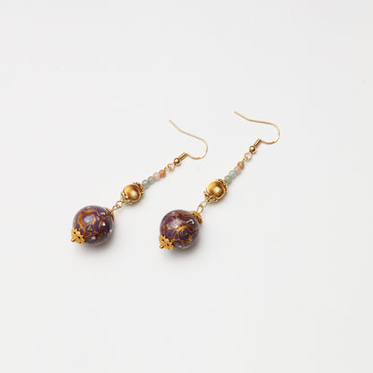 Lavender Purple Lacquer Round Bead & Cat's Eye Tourmaline Earrings