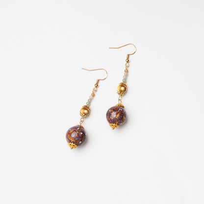 Lavender Purple Lacquer Round Bead & Cat's Eye Tourmaline Earrings