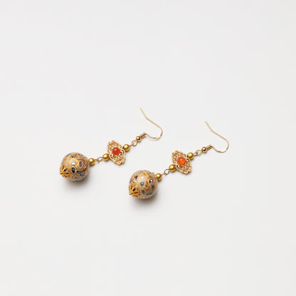 S925 Silver Ice Red Hollow Cloud & White Gold Tone Lacquer Round Bead Earrings