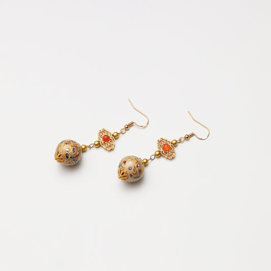 S925 Silver Ice Red Hollow Cloud & White Gold Tone Lacquer Round Bead Earrings
