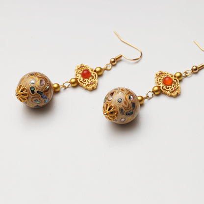 S925 Silver Ice Red Hollow Cloud & White Gold Tone Lacquer Round Bead Earrings