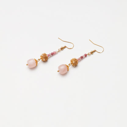 S925 Silver Pearl Hollow Pale Pink Crystal & Pink Tourmaline Earrings