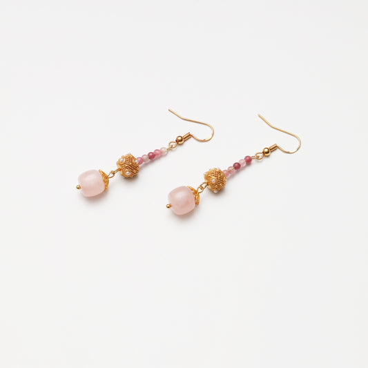 S925 Silver Pearl Hollow Pale Pink Crystal & Pink Tourmaline Earrings