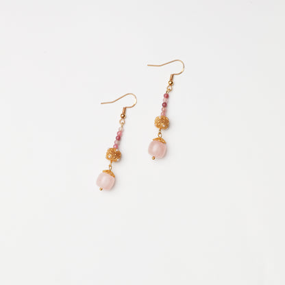 S925 Silver Pearl Hollow Pale Pink Crystal & Pink Tourmaline Earrings