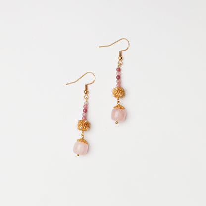 S925 Silver Pearl Hollow Pale Pink Crystal & Pink Tourmaline Earrings