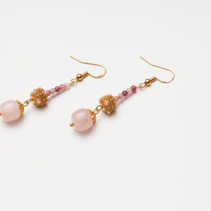 S925 Silver Pearl Hollow Pale Pink Crystal & Pink Tourmaline Earrings
