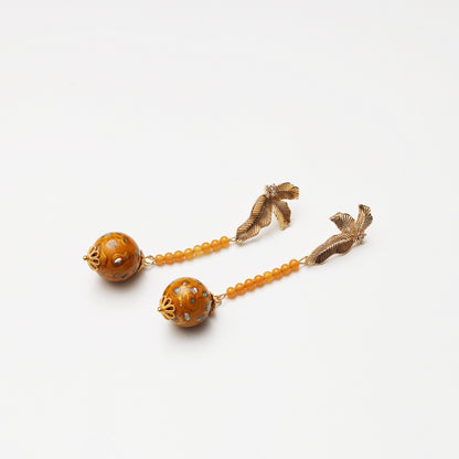Golden Yellow Lacquer Round Bead & Yellow Jade Earrings