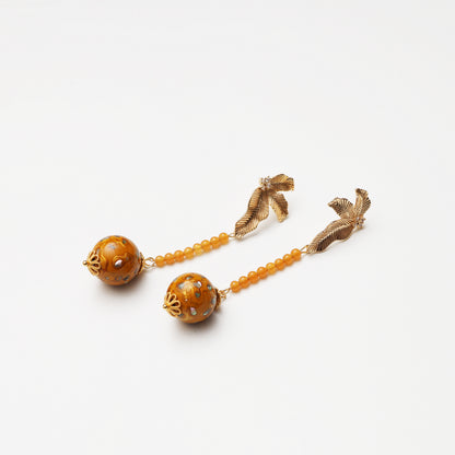 Golden Yellow Lacquer Round Bead & Yellow Jade Earrings