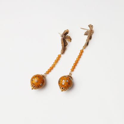 Golden Yellow Lacquer Round Bead & Yellow Jade Earrings